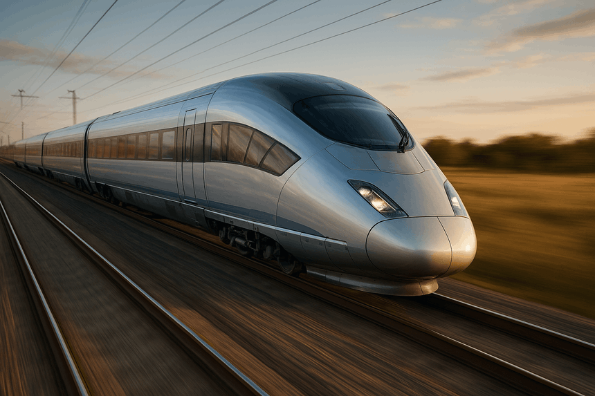 Photograph of a high-speed train speeding along the track, illustrating a GPS train speed test