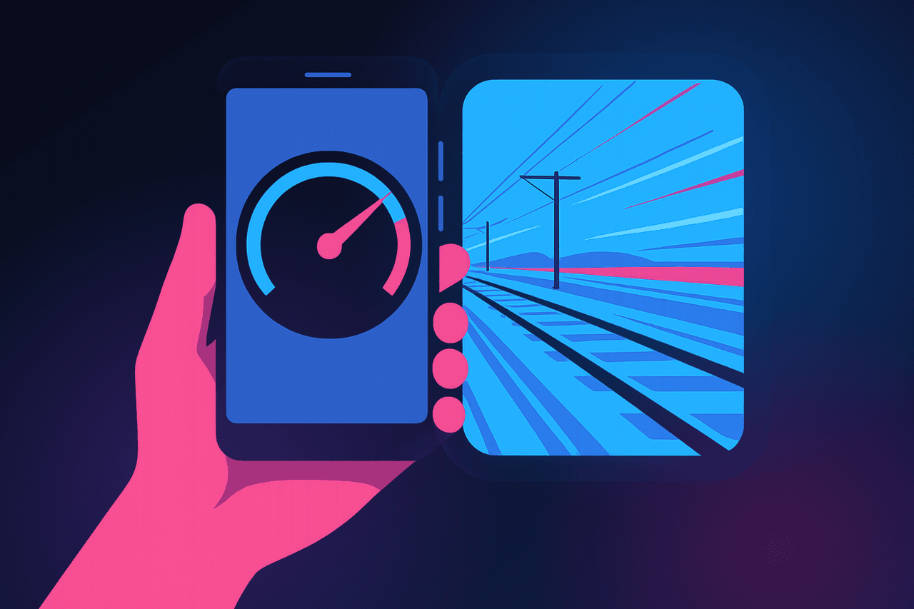 Phone showing a speedometer beside a train window, illustrating the easiest way to check train speed