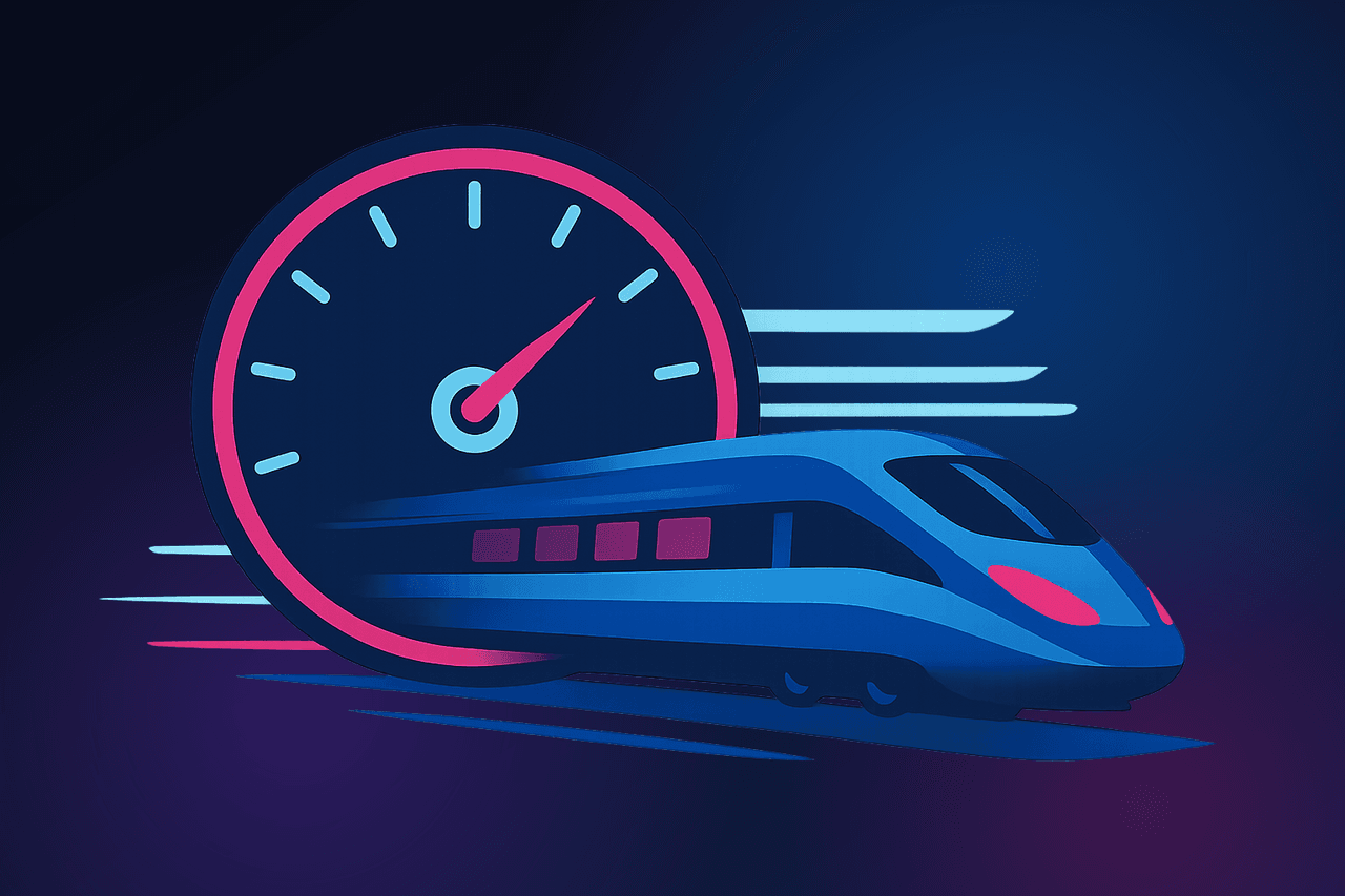 Speedometer gauge beside a speeding train, illustrating a live train speed checker