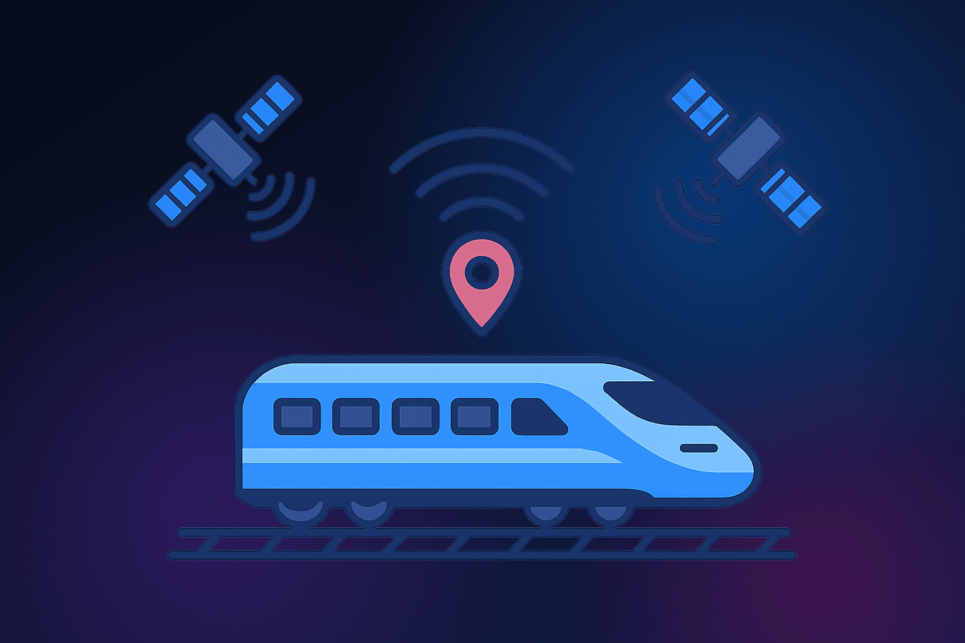 Satellites beaming GPS signals to a high-speed train, illustrating how a GPS train speed test works